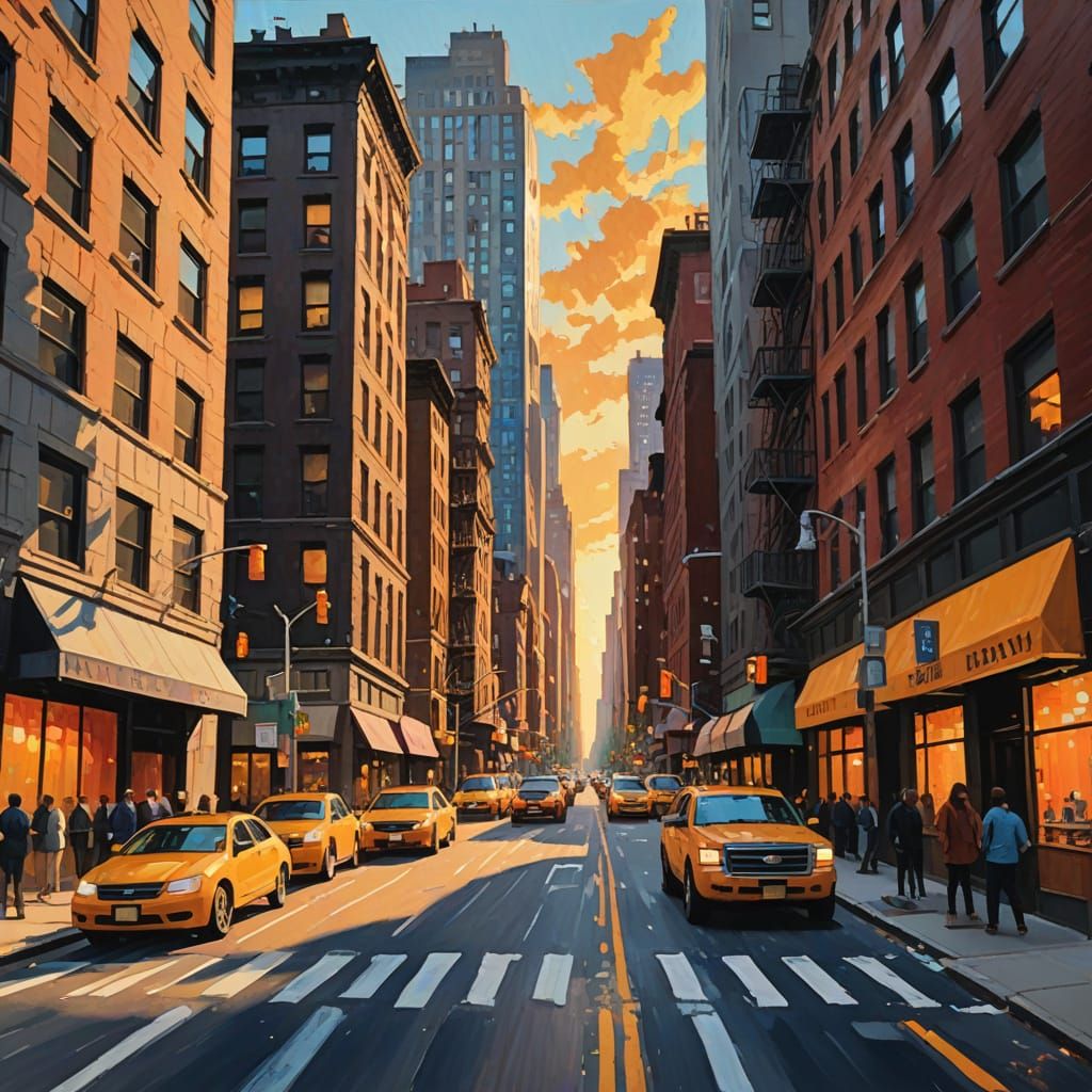 Vibrant New York City Streets in Gouache Masterpiece