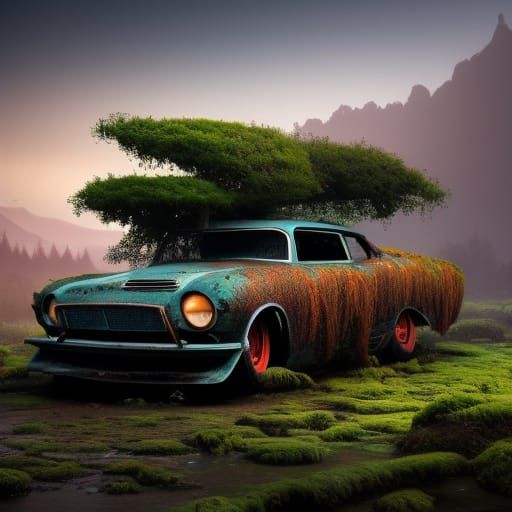 Mossy Hot-Rod in Mystic Forest: Dark Fantasy Art