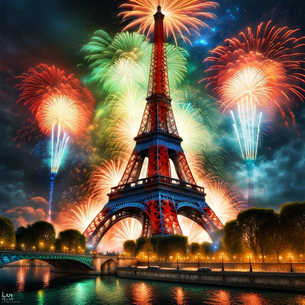 Eiffel Tower Fireworks Display in Fantasy Art Style