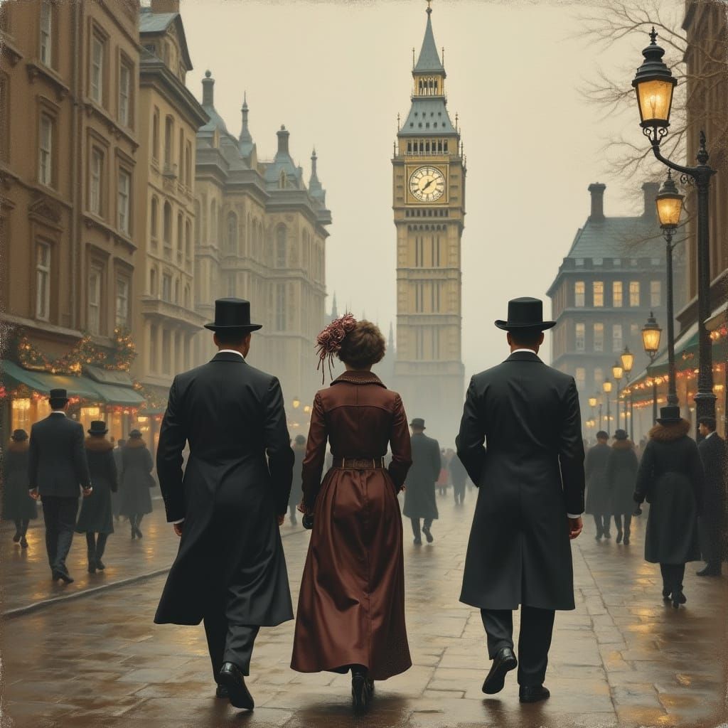 Three Victorian Gentlemen Stroll through a Foggy London Land...