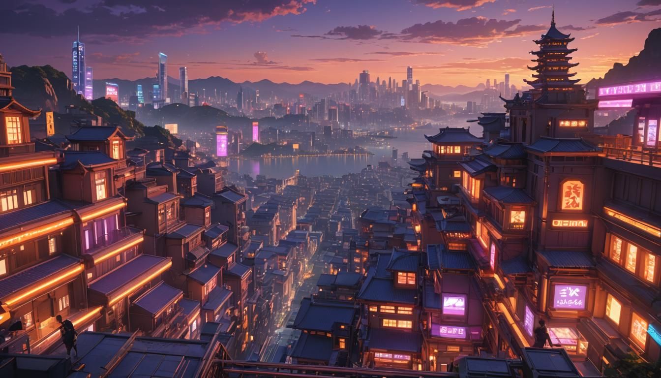 Futuristic Cityscape at Dusk: 3D Anime Art