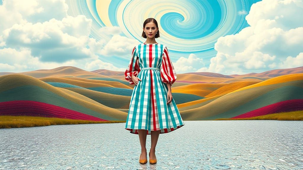 Surrealist Gingham Goddess in Dreamlike Landscape