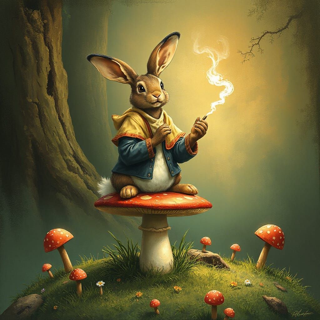 Dylan the Rabbit Smoking on a Mushroom