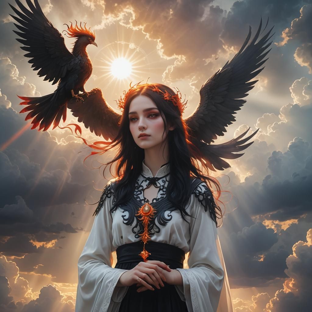 Goth Girl and Phoenix in Divine Light