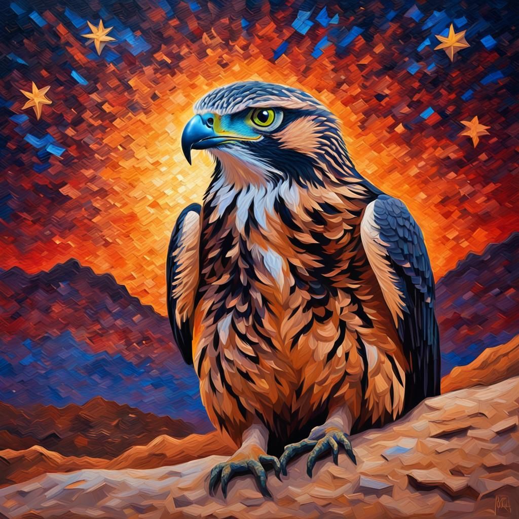 Hawk Portrait in Impasto Style on Starry Desert Night