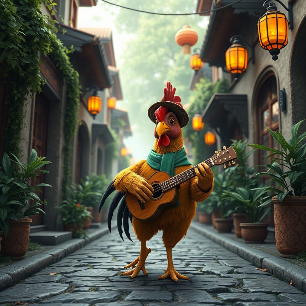 Surreal Rooster Performs on Quaint Cobblestone Street in Ani...