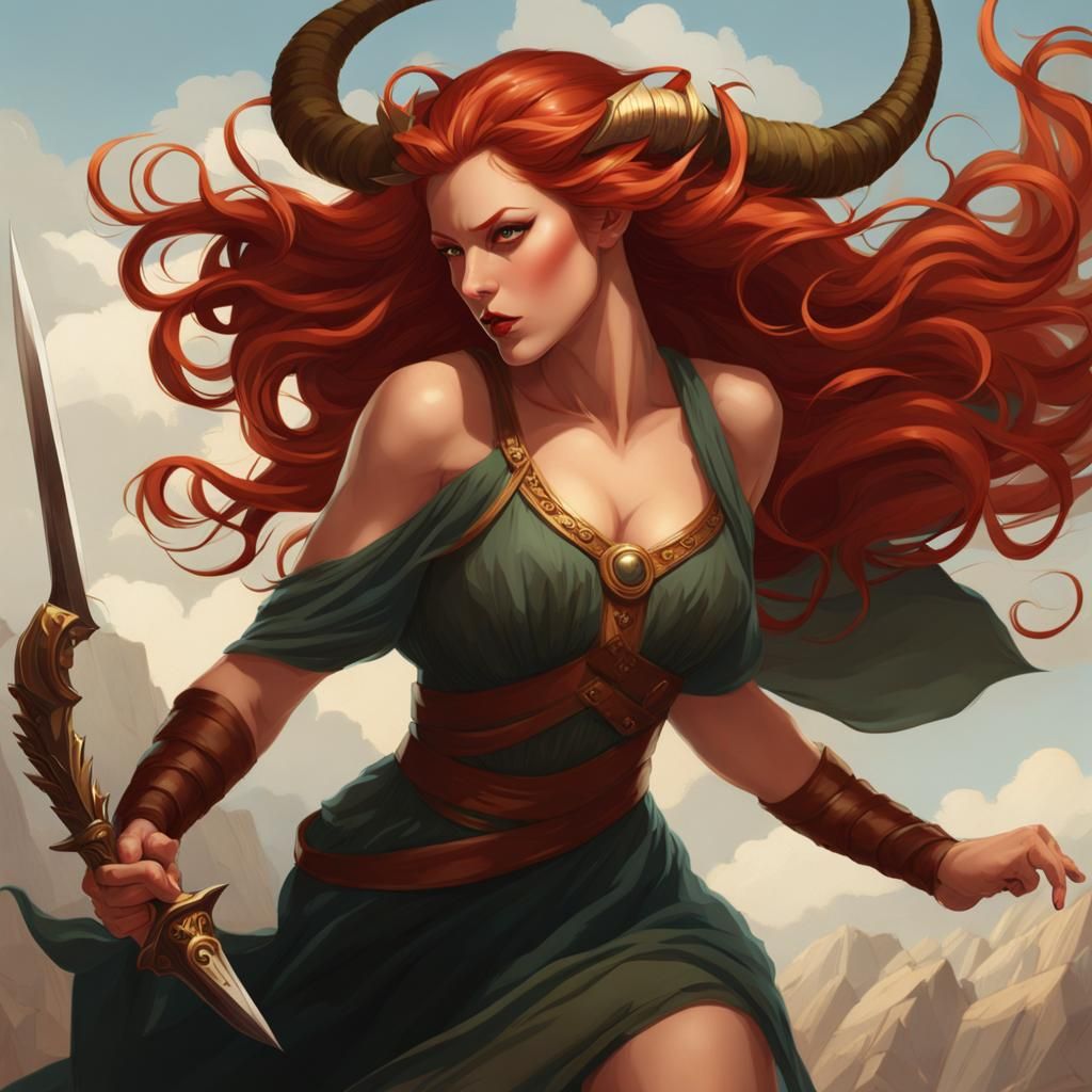 Satyr Woman Leaping with Dagger, Digital Art