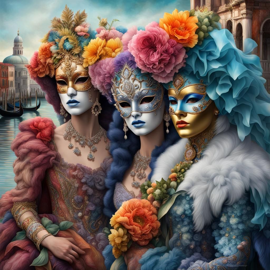 Hyperreal Venetian Carnival Masks with Flowers and Jewels
