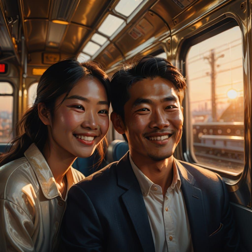Smiling Asian Couple in Train: Hyperrealistic Digital Art