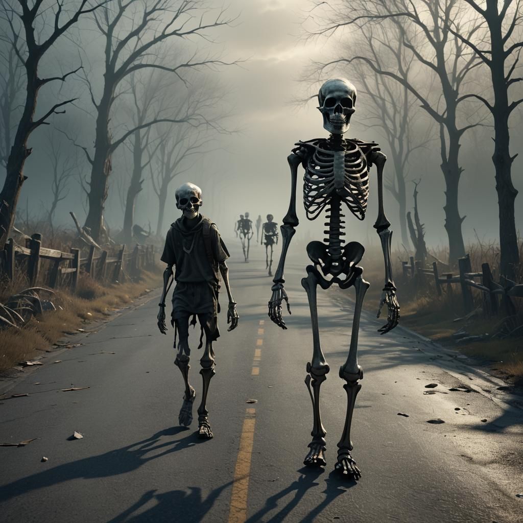 Decaying Skeleton Walks Down Road: Surreal Digital Art