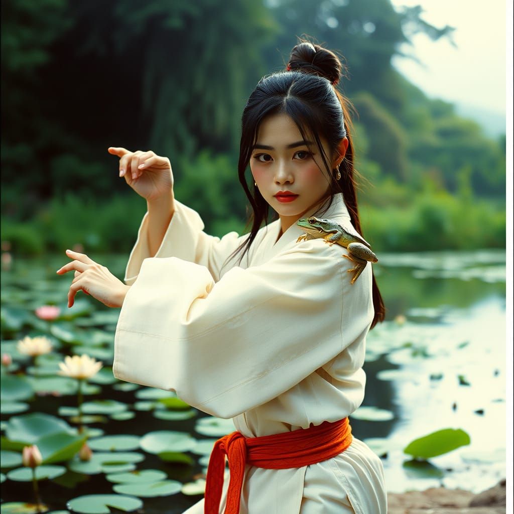 Asian Woman Practicing Karate in Japanese Wilderness