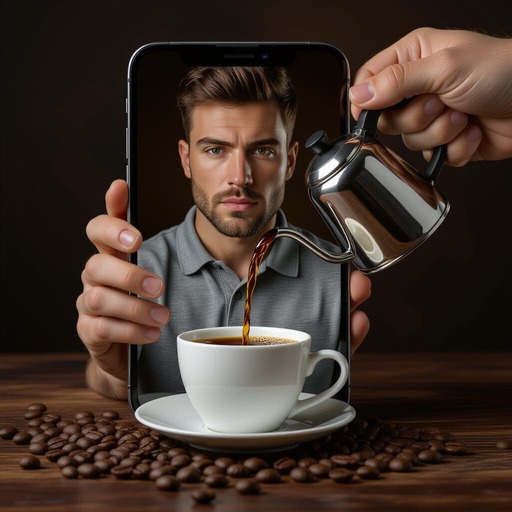 Photorealistic Surreal Art: Face from Phone Pours Coffee