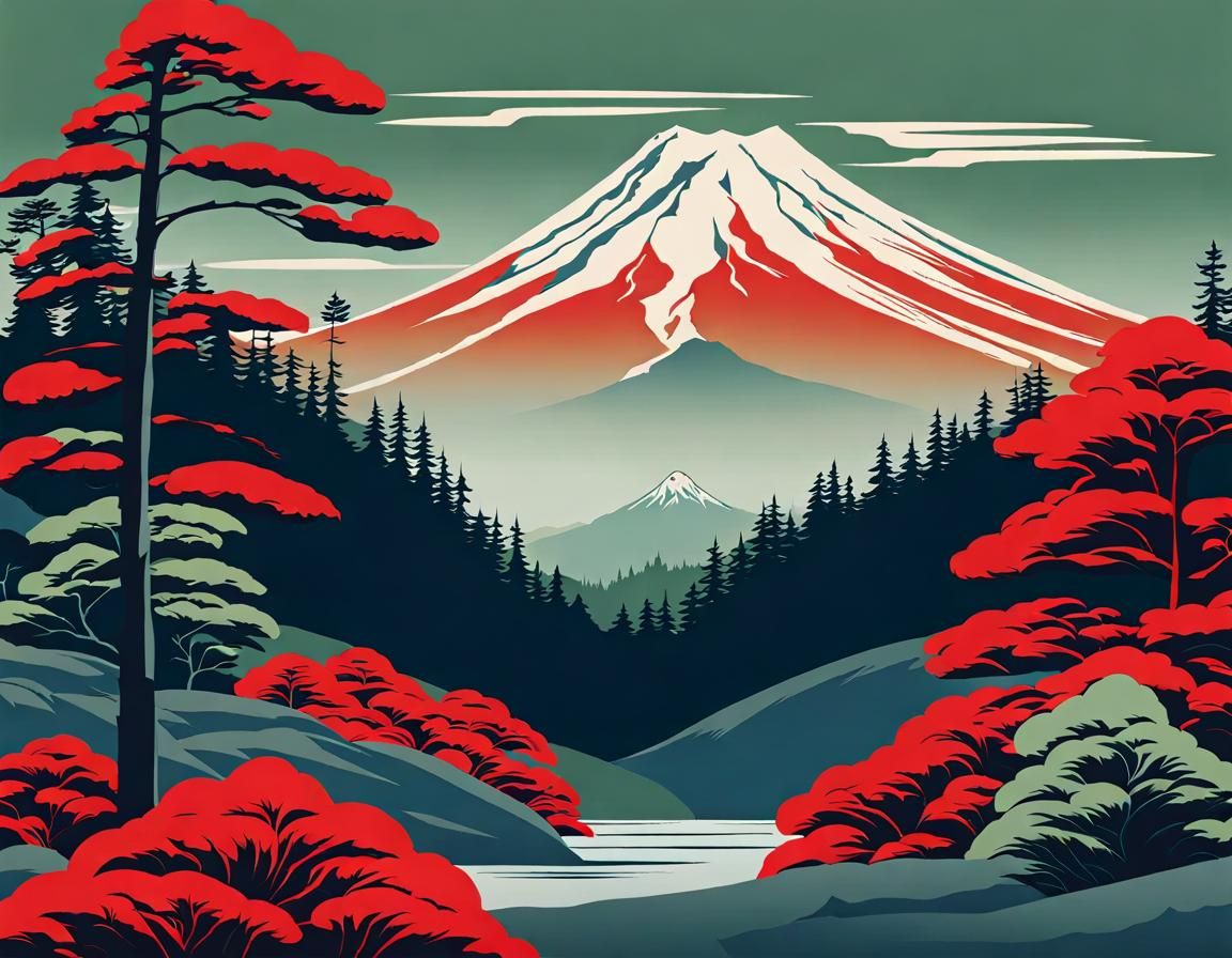 Minimalist Mount Rainier in Ukiyo-e Style