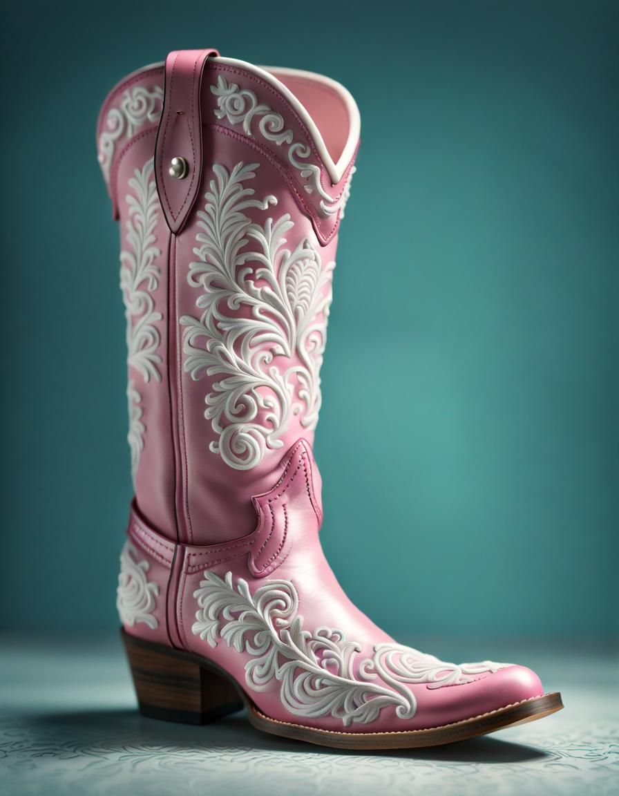 Pink Cowboy Boot with White Embroidery Design