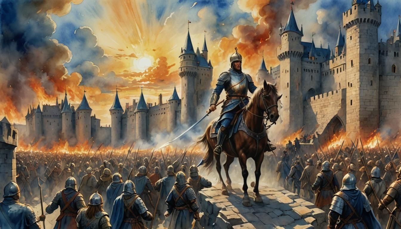 Prince Leads Army into Burning Castle: Watercolor
