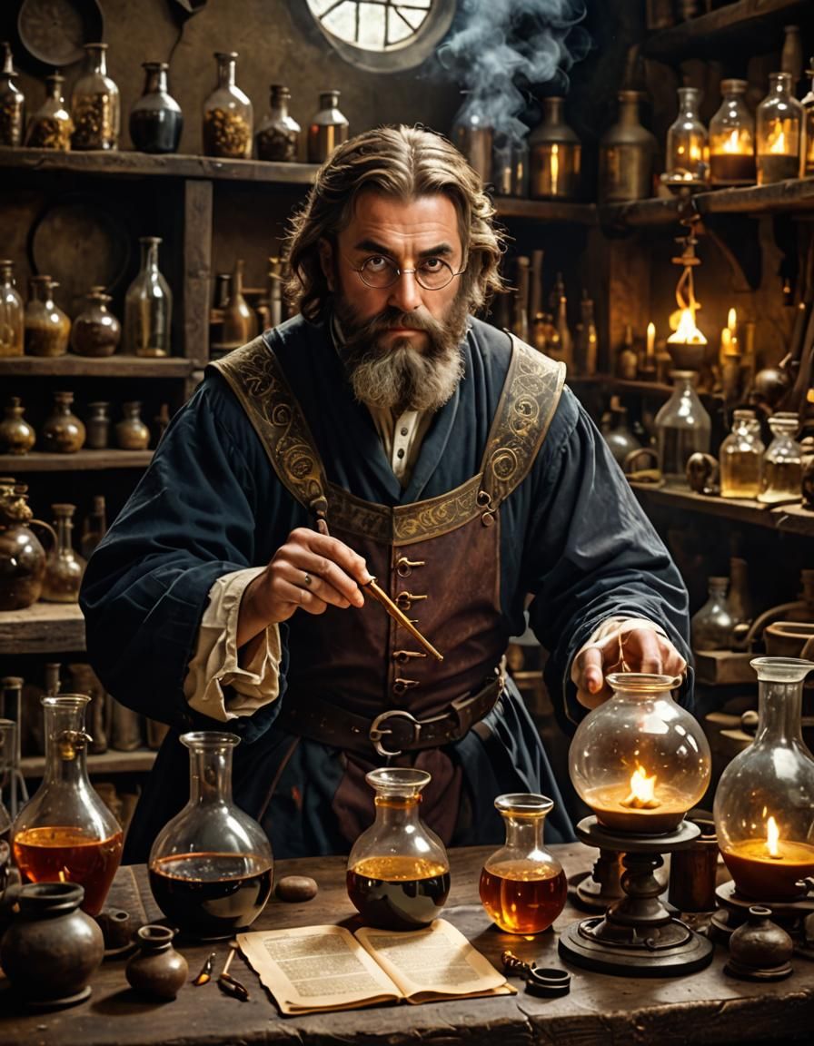 Medieval Alchemist Concentrating on Experiment