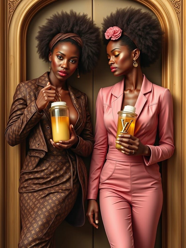 Elegant African Ladies in LV Fashion, Fine Art Realism