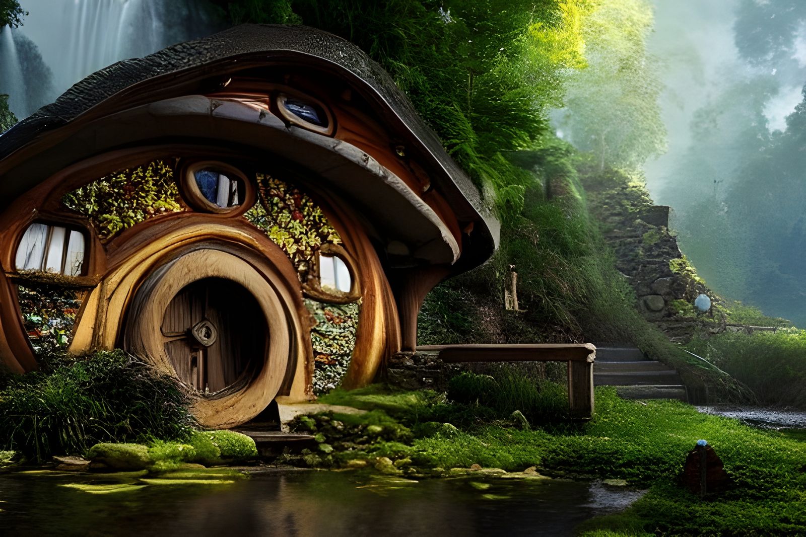 Hobbit Village by a Waterfall: Detailed Matte Painting