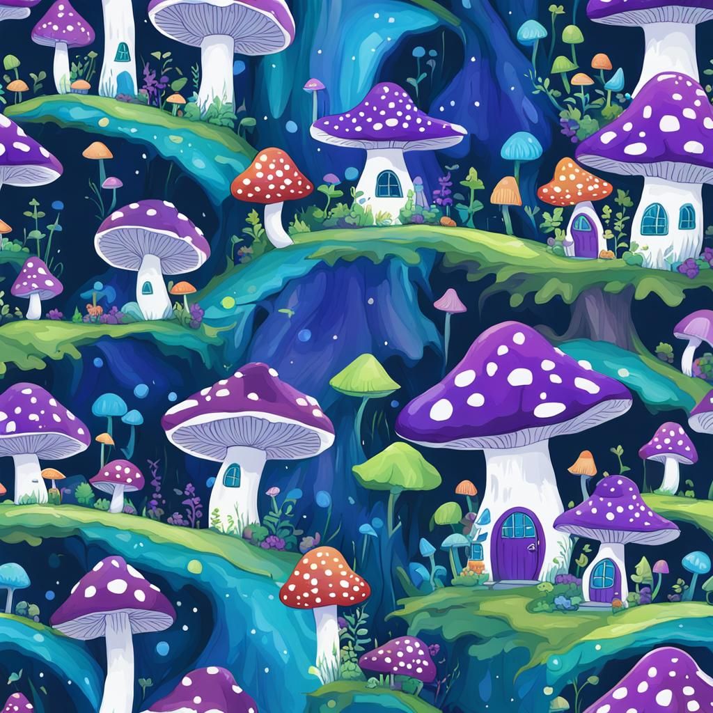 Mushroom Village with Blue Fairy in Flight