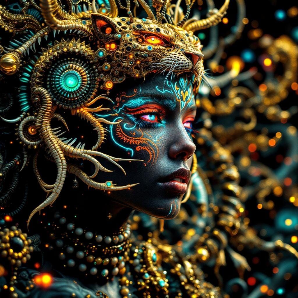 Aztec-Mayan Goddess with Bioluminescent Tattoos