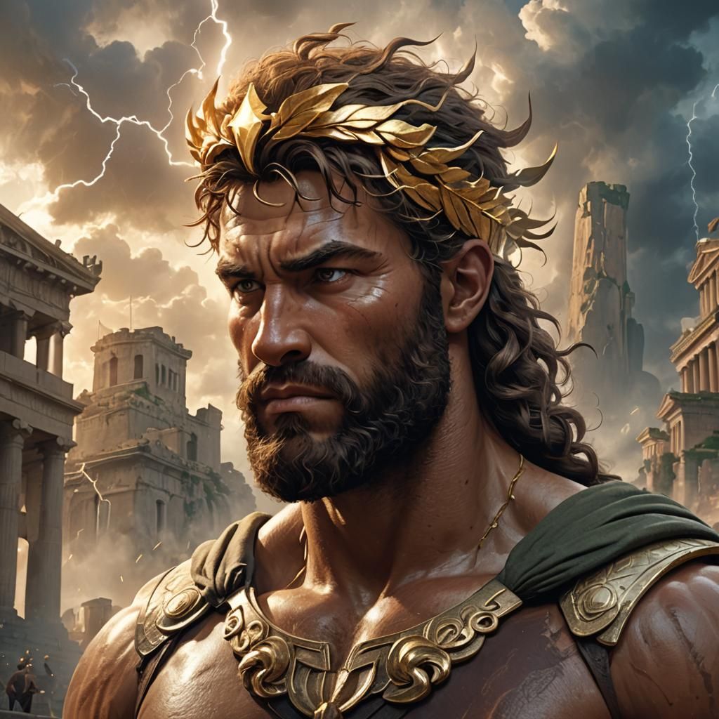 Hyperrealistic Hercules Portrait with Lightning Bolt