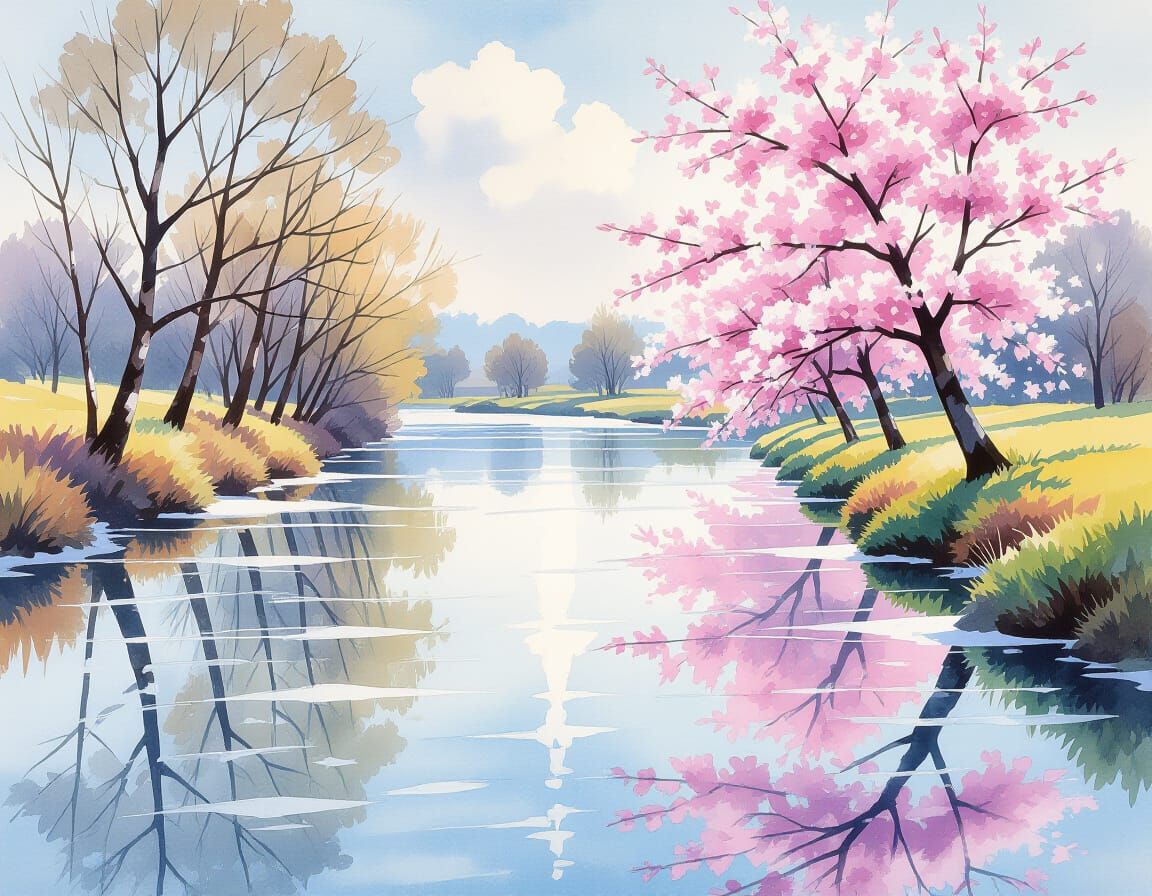 Watercolor Riverscape: Ice to Spring Bloom
