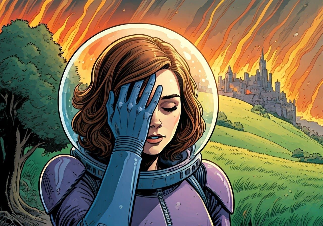 Clara Oswald in Purple Space Suit, Medieval Castle Burning i...