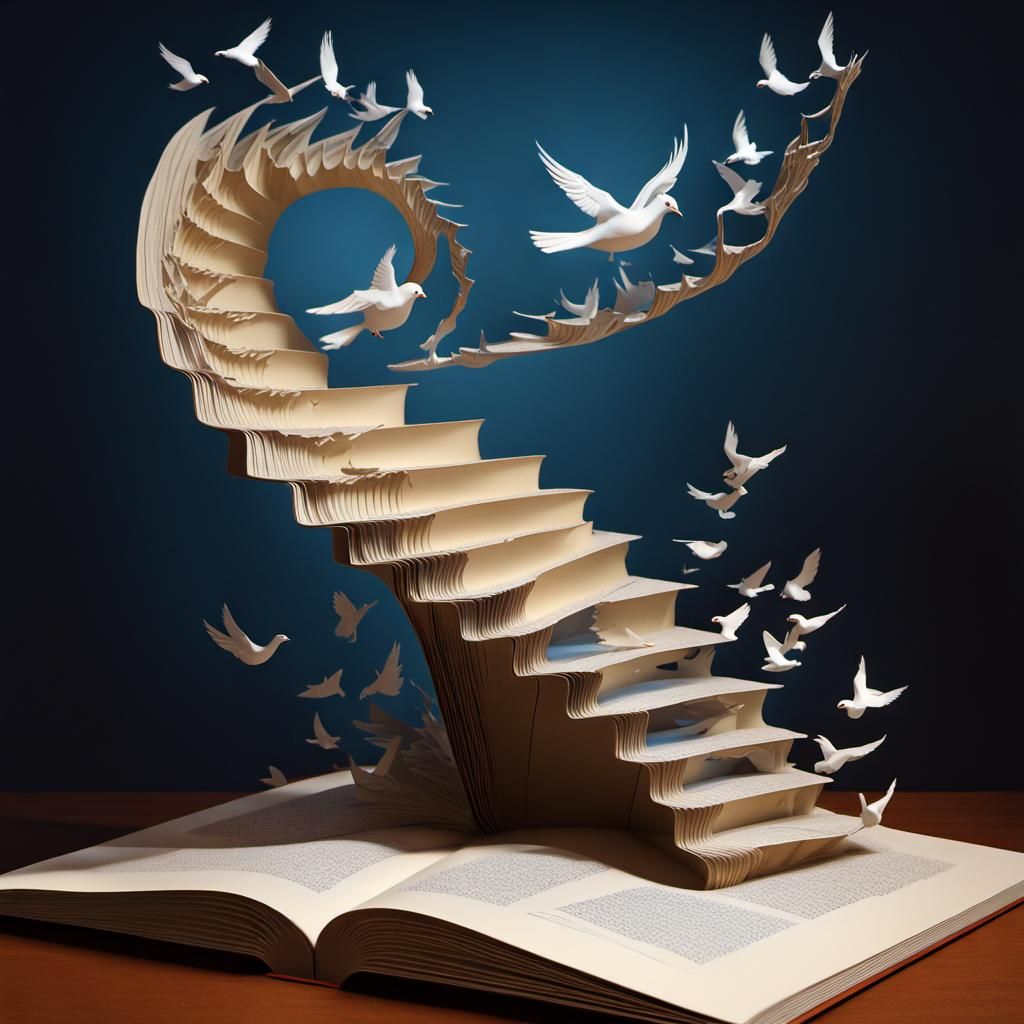 Surreal Pop-Up Book with Spiral Staircase and Doves