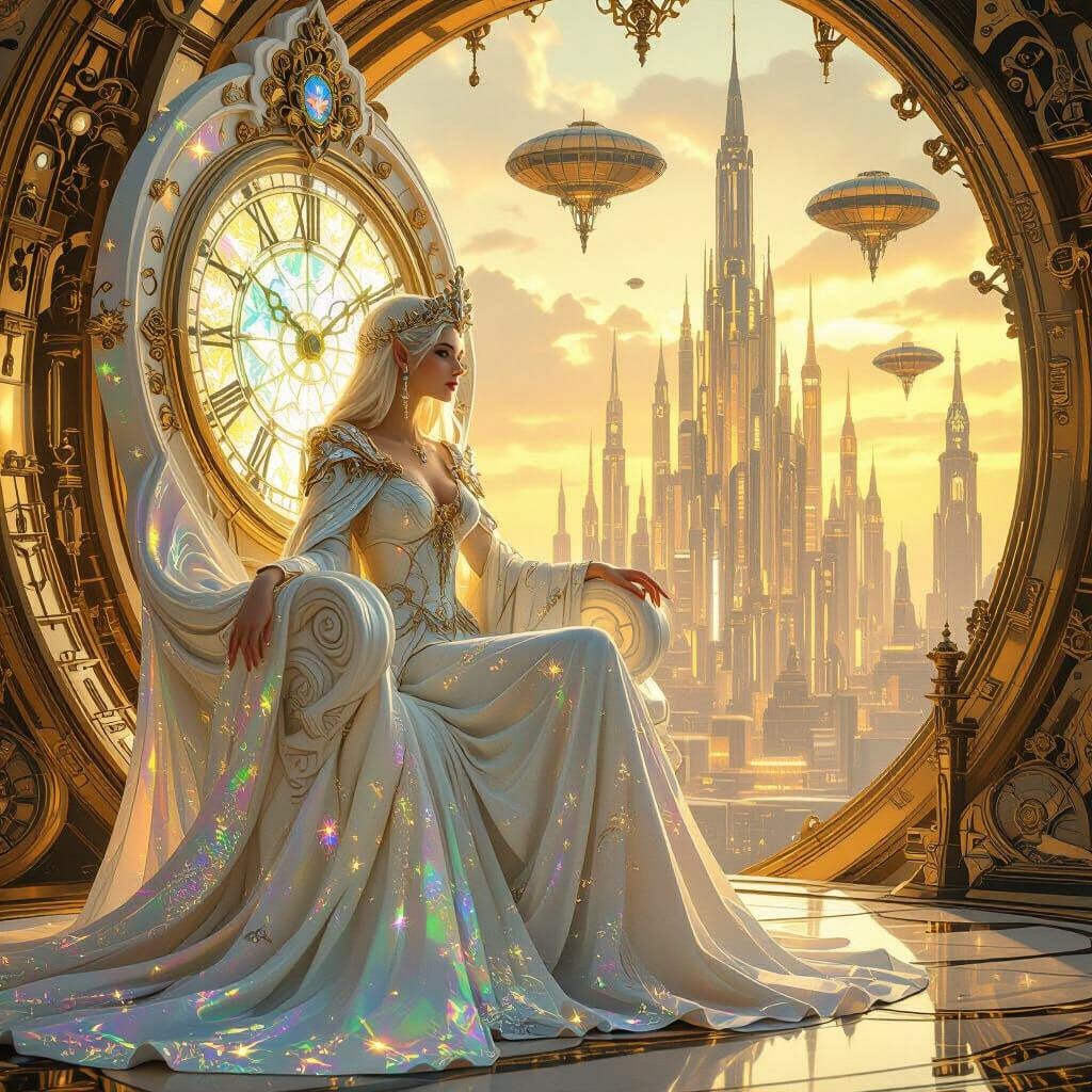 Elven Empress Overlooking Clockwork City in Art Nouveau Styl...