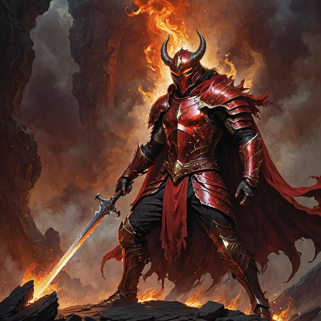 Dragonscale Warrior with Flaming Sword: Dark Fantasy Art