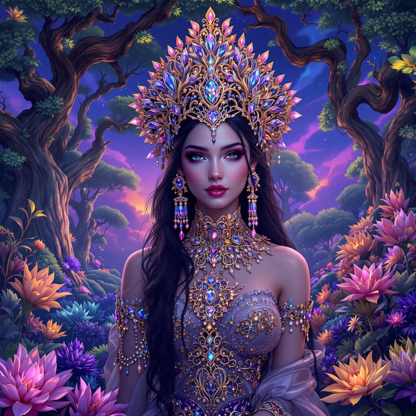 Ethereal Fantasy Queen Amidst Ancient Trees