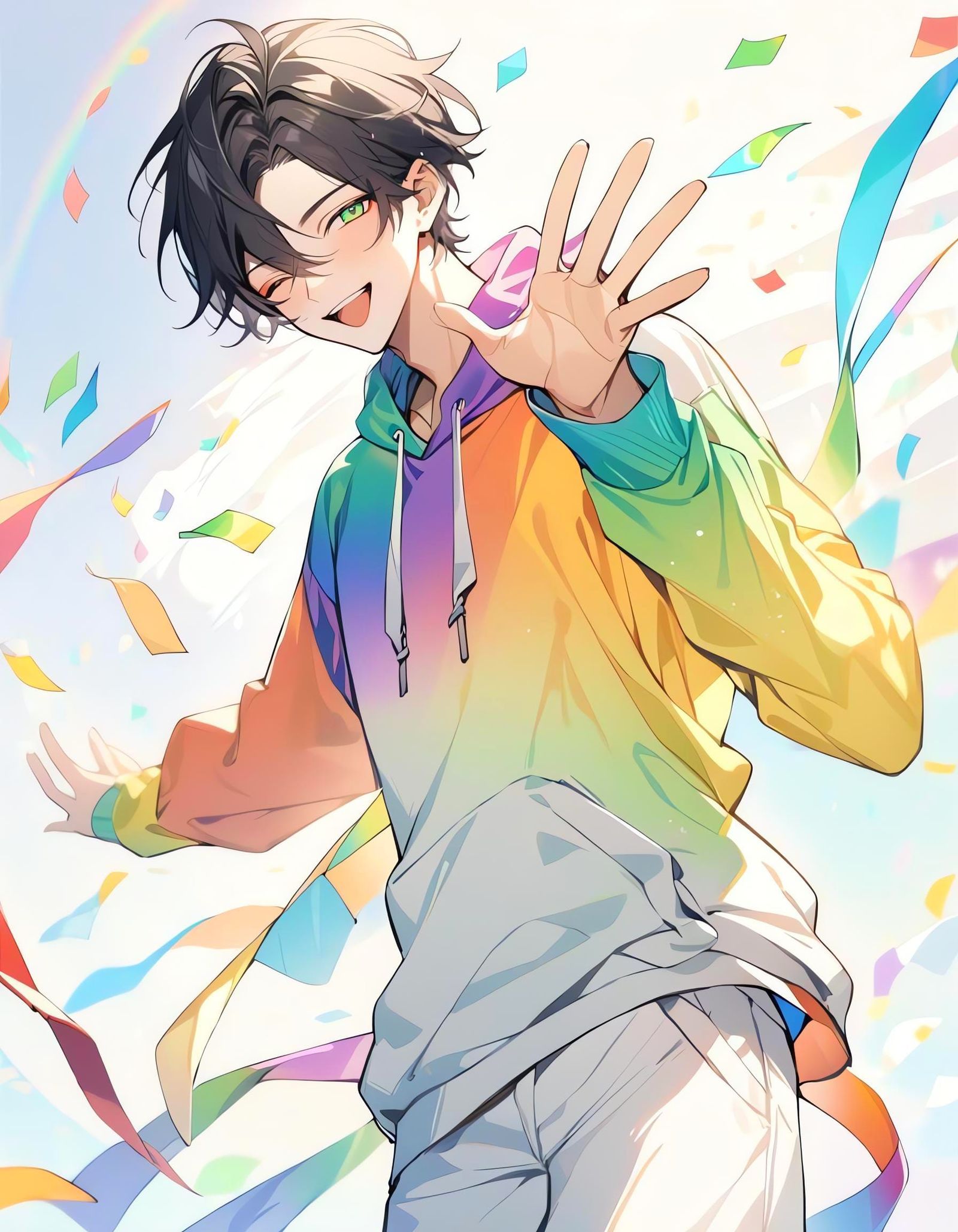 Smiling Bishounen in Rainbow Hoodie With Confetti