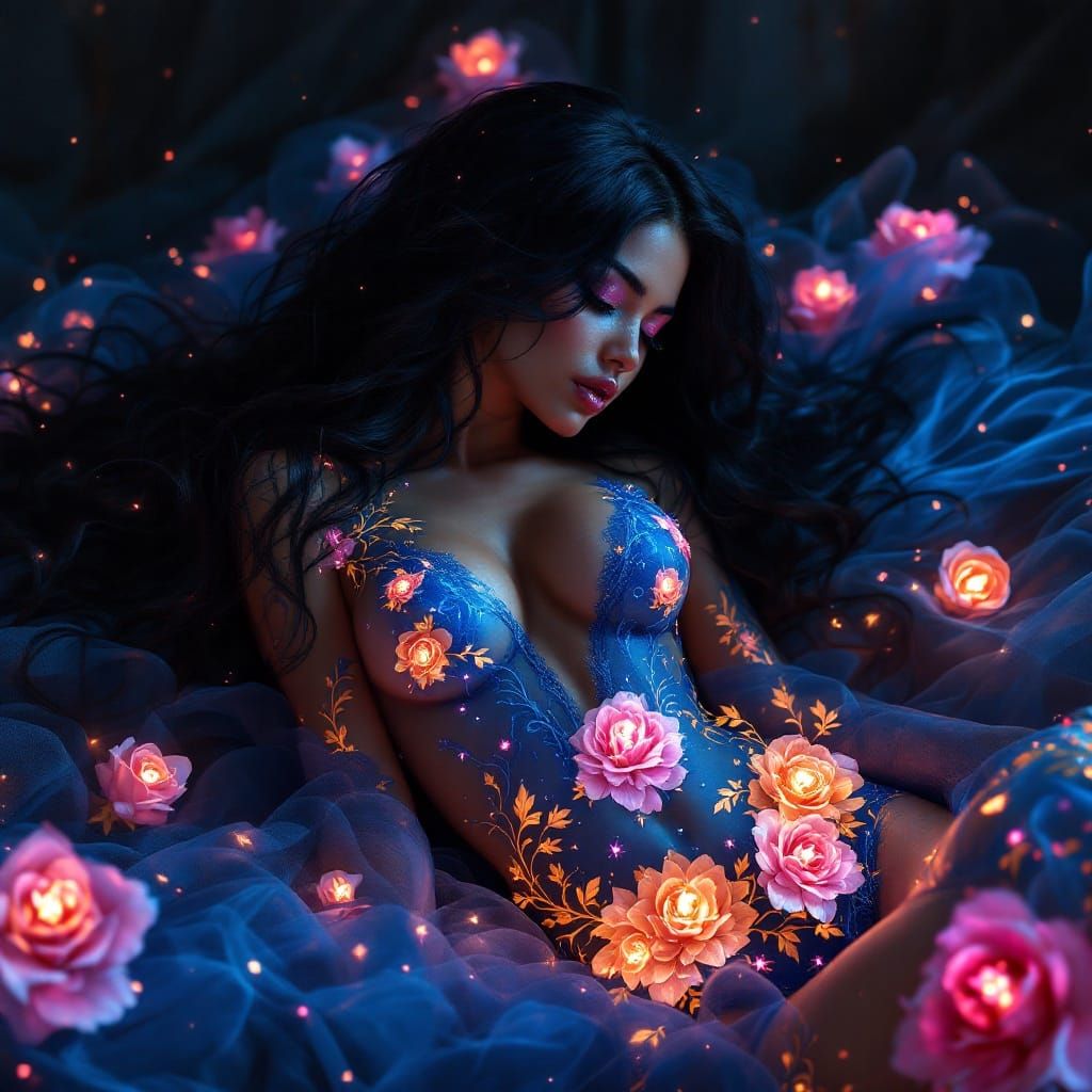 Goth Latina Goddess in Azure Florals, Bioluminescent Tattoos...
