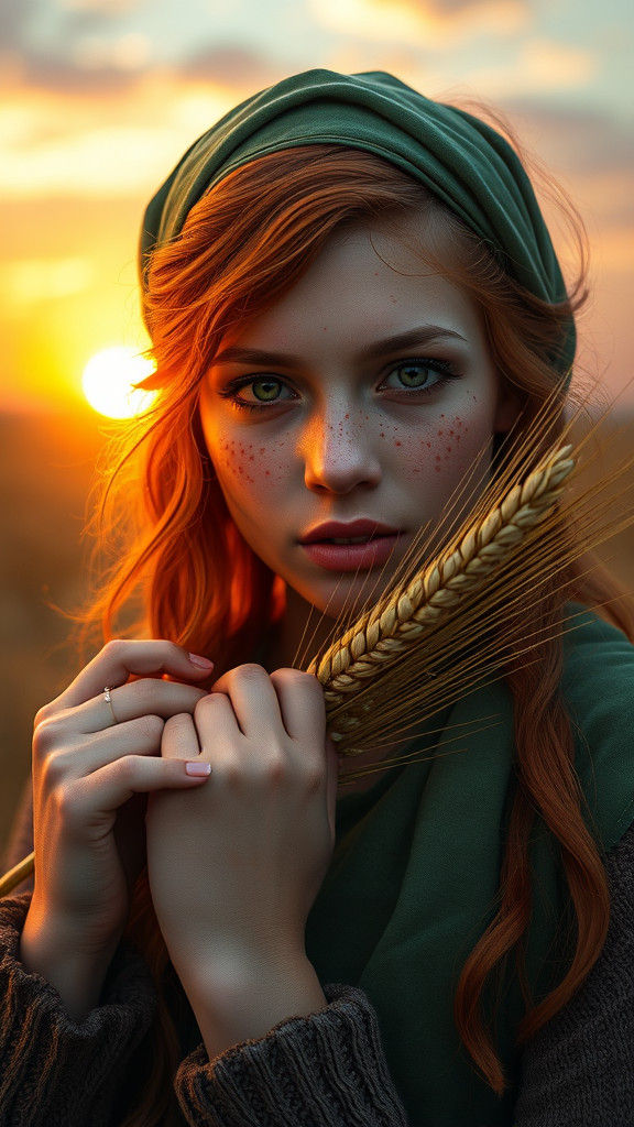 Red-Haired Woman with Wheat, in Fantasy Matte Painting Style