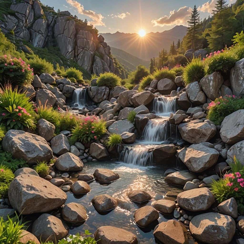 Mountain Spring at Sunset: A Scene of Natural Beauty