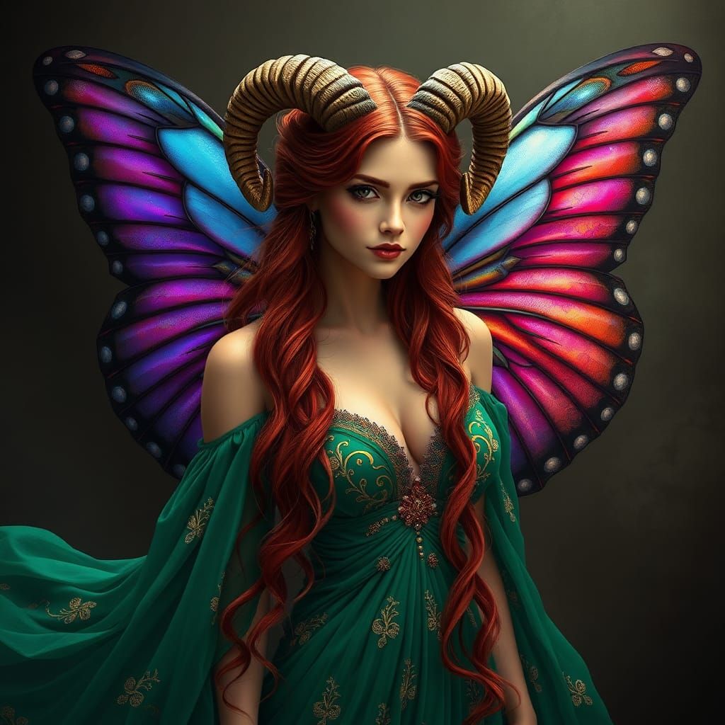 Enchanting Woman with Butterfly Wings and Ram Horns