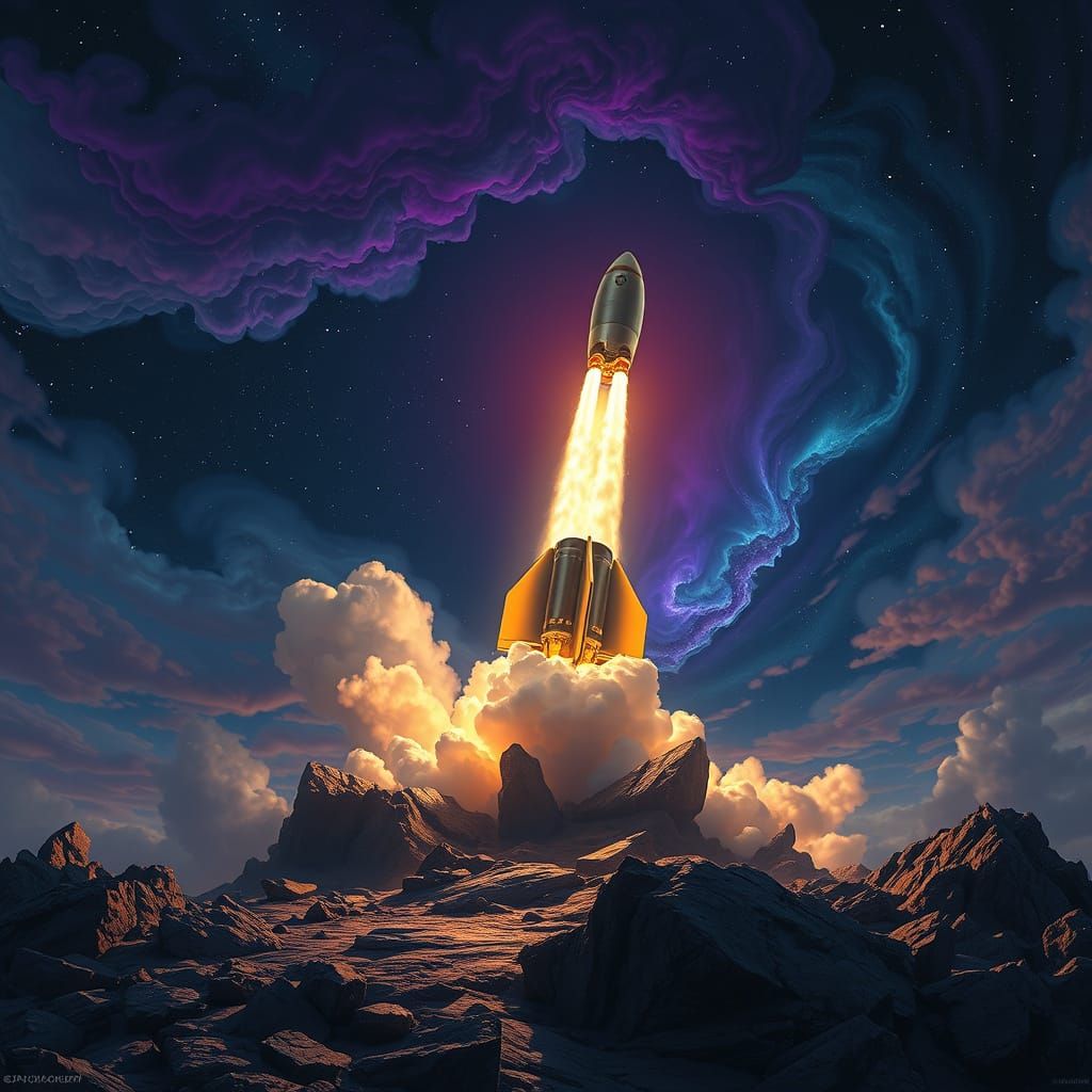 Majestic Rocket Launches into Starry Night Sky