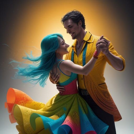 Vibrant Couple Dancing Salsa and Merengue in Colorful, Flowi...