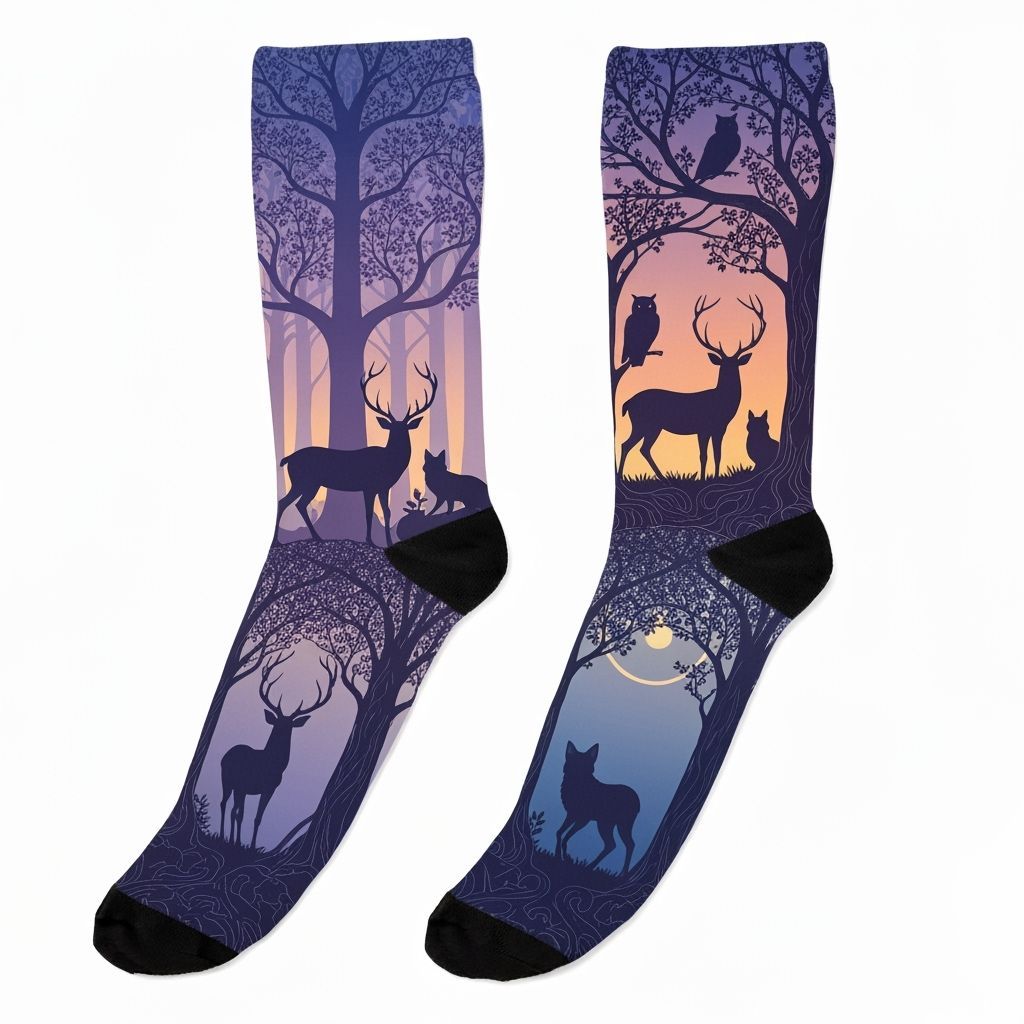 Mystical Forest Scenes on Socks in Art Nouveau Style