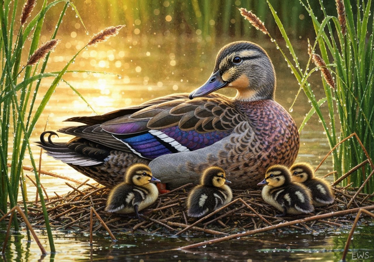 Watercolor Duck Family in Magical Lake Setting