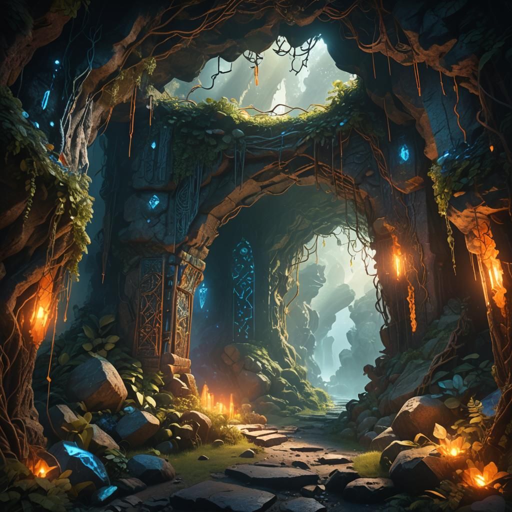 Mystical Cave Entrance with Glowing Crystals