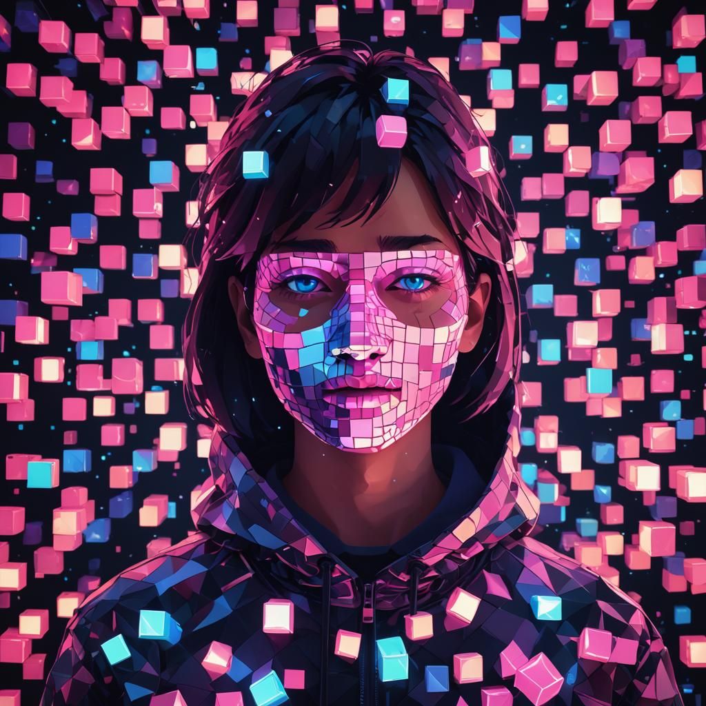 Pixelated Face in Low-Poly 8-Bit Style