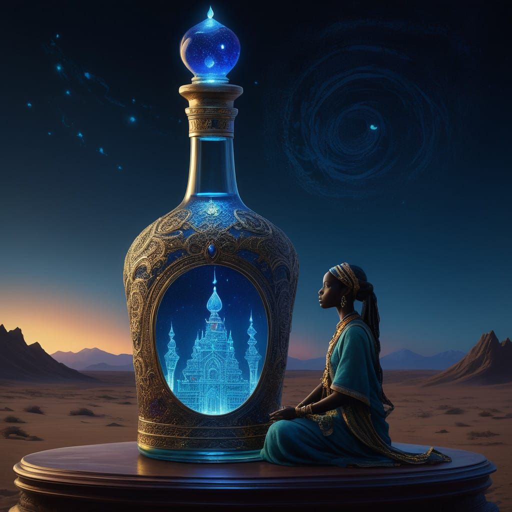 Mystical Genie Emerges from Antique Bottle in a Starry Night...