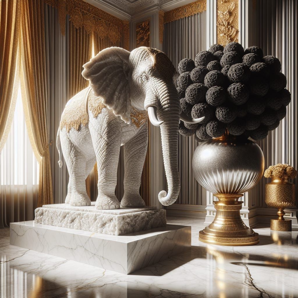 Zinnwaldite Elephant Statue on Marble Floor