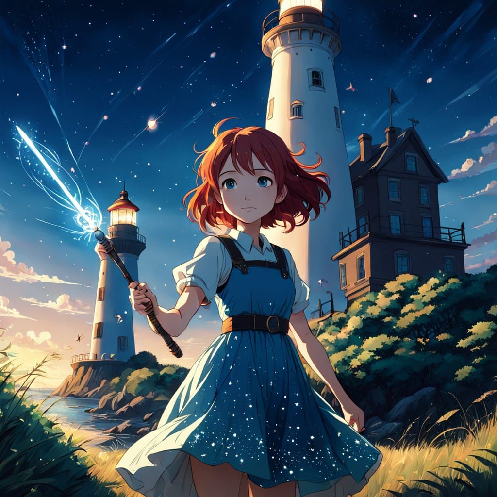 Magical Girl and Firefly at Lighthouse, Ghibli Anime