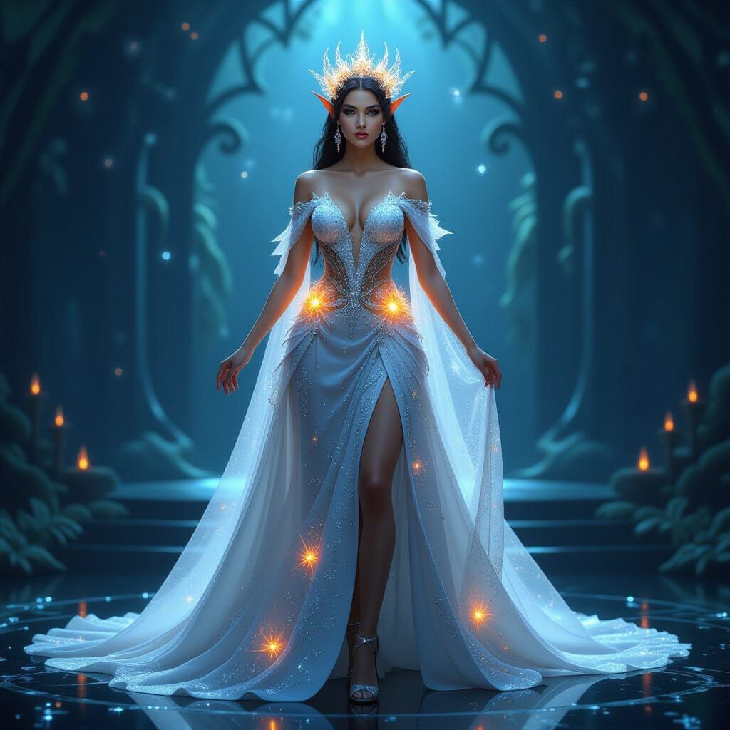 Elven Showgirl Queen on Enchanted Stage: Dark Fantasy Art