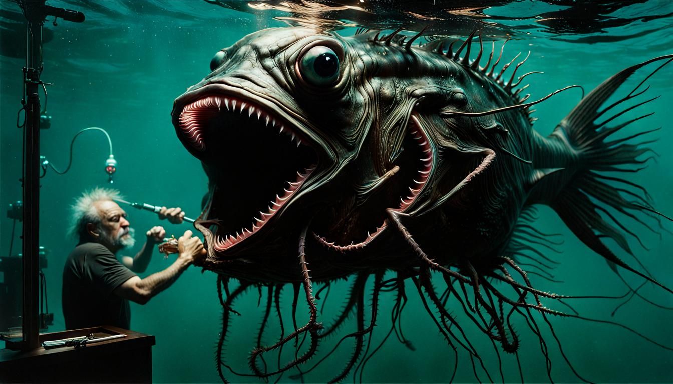 man working on biomechanoid fish