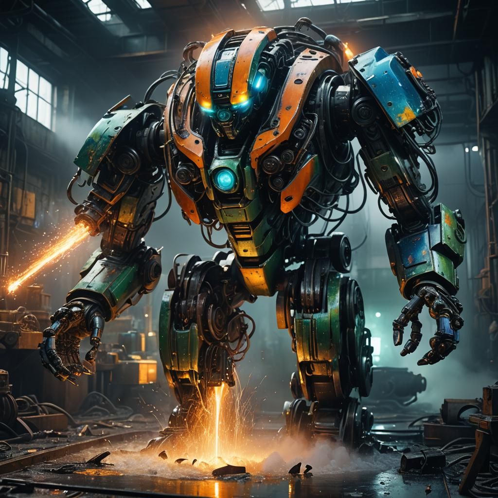 Giant AI Scrapes Iridescent Liquid in Cinematic Style