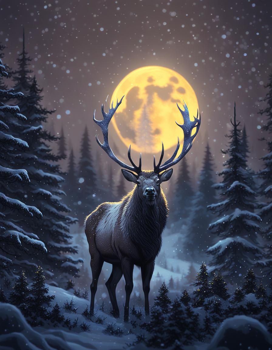 Elk in Dark Winter Forest, Fantasy Art