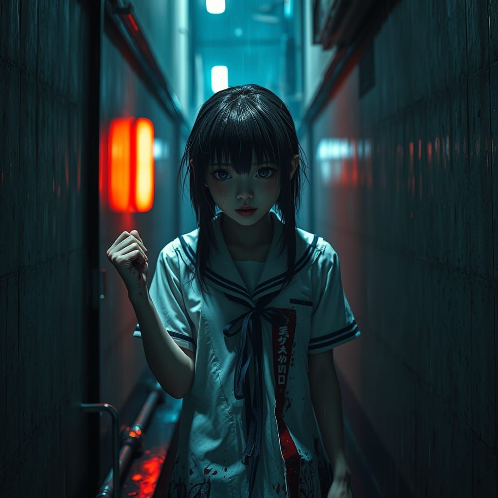 Bloodstained Japanese Schoolgirl in Dark Alley